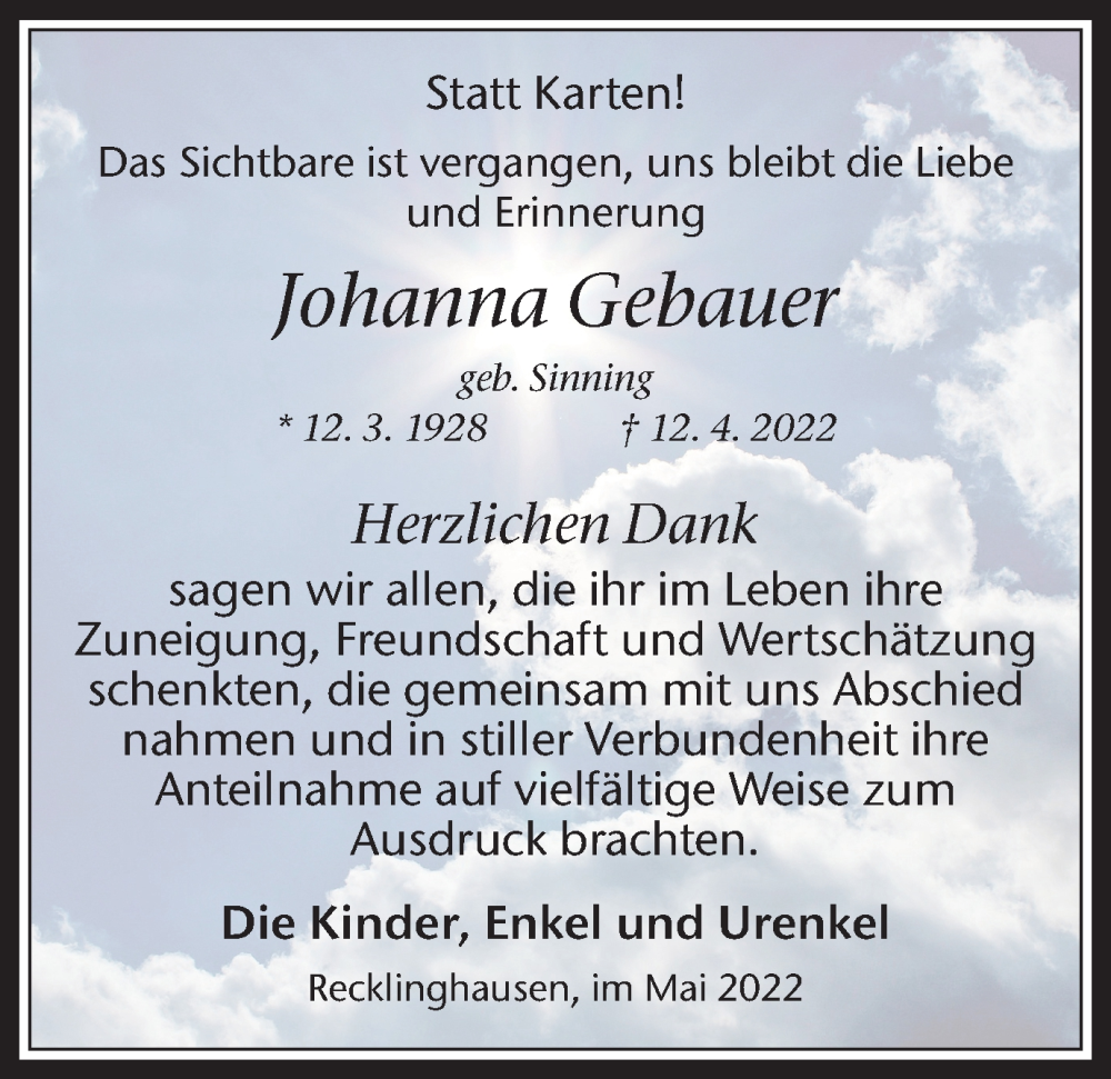  Traueranzeige für Johanna Gebauer vom 25.05.2022 aus Medienhaus Bauer