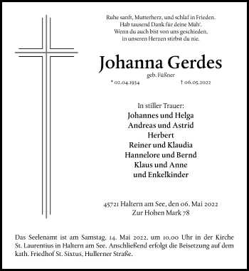 Traueranzeige von Johanna Gerdes von Ruhr Nachrichten und Halterner Zeitung