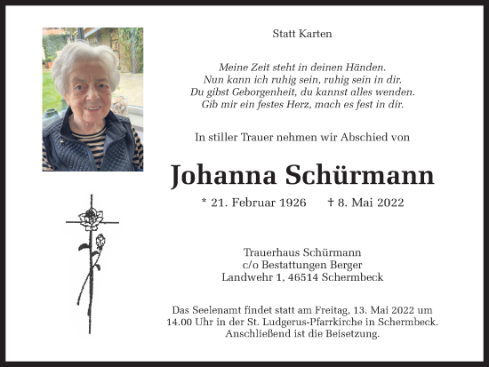 Traueranzeige von Johanna Schürmann von Ruhr Nachrichten und Dorstener Zeitung