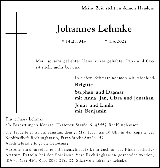Traueranzeige von Johannes Lehmke von Medienhaus Bauer