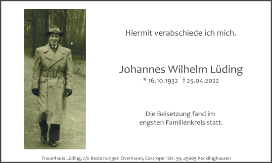 Traueranzeige von Johannes Wilhelm Lüding von Medienhaus Bauer
