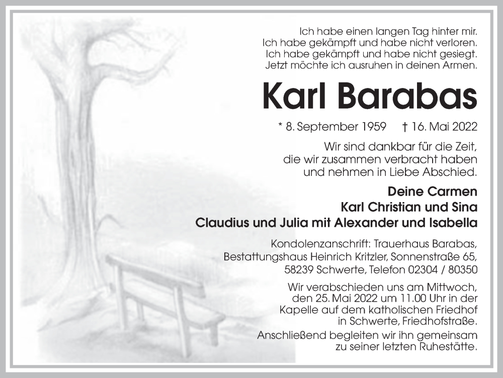  Traueranzeige für Karl Barabas vom 21.05.2022 aus Ruhr Nachrichten