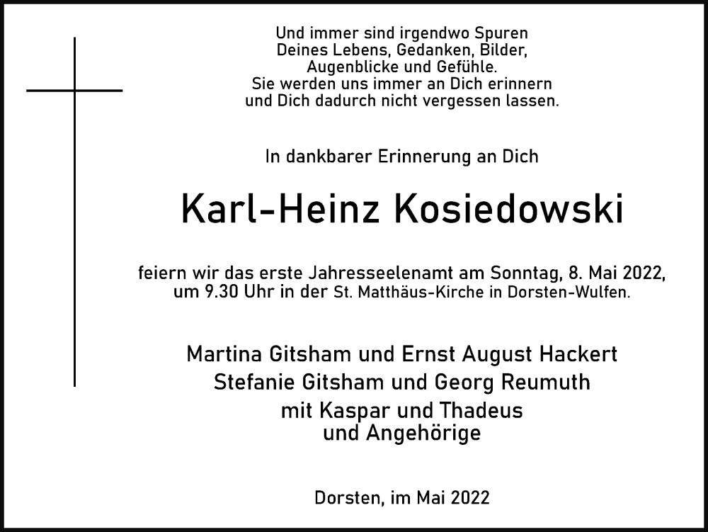  Traueranzeige für Karl-Heinz Kosiedowski vom 04.05.2022 aus Ruhr Nachrichten und Dorstener Zeitung