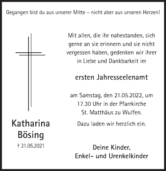 Traueranzeige von Katharina Bösing von Ruhr Nachrichten und Dorstener Zeitung
