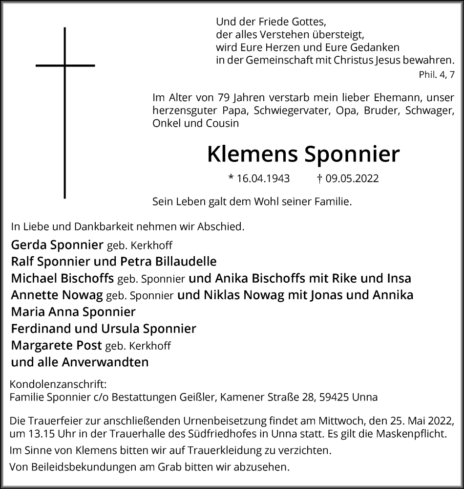  Traueranzeige für Klemens Sponnier vom 17.05.2022 aus Hellweger Anzeiger