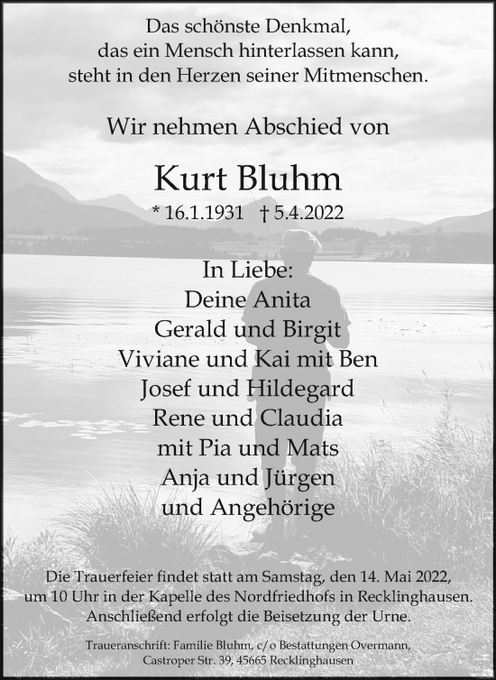 Traueranzeige von Kurt Bluhm von Medienhaus Bauer