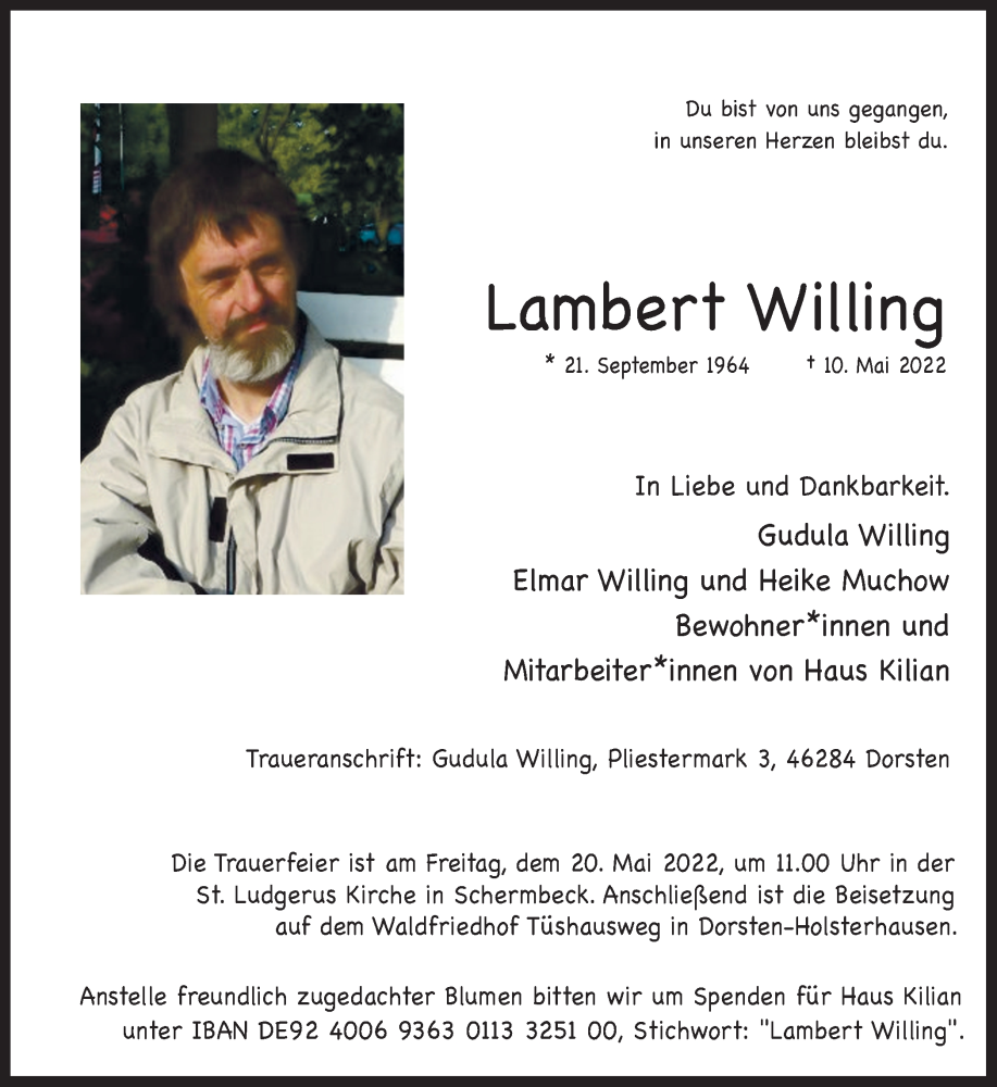  Traueranzeige für Lambert Willing vom 14.05.2022 aus Ruhr Nachrichten und Dorstener Zeitung