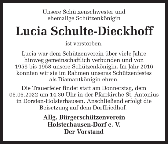 Traueranzeige von Lucia Schulte-Dieckhoff von Ruhr Nachrichten und Dorstener Zeitung