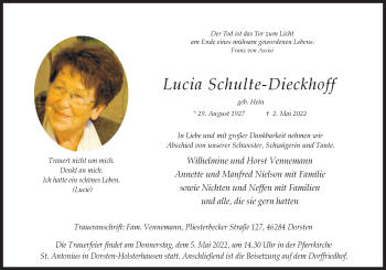 Traueranzeige von Lucia Schulte-Dieckhoff von Ruhr Nachrichten und Dorstener Zeitung