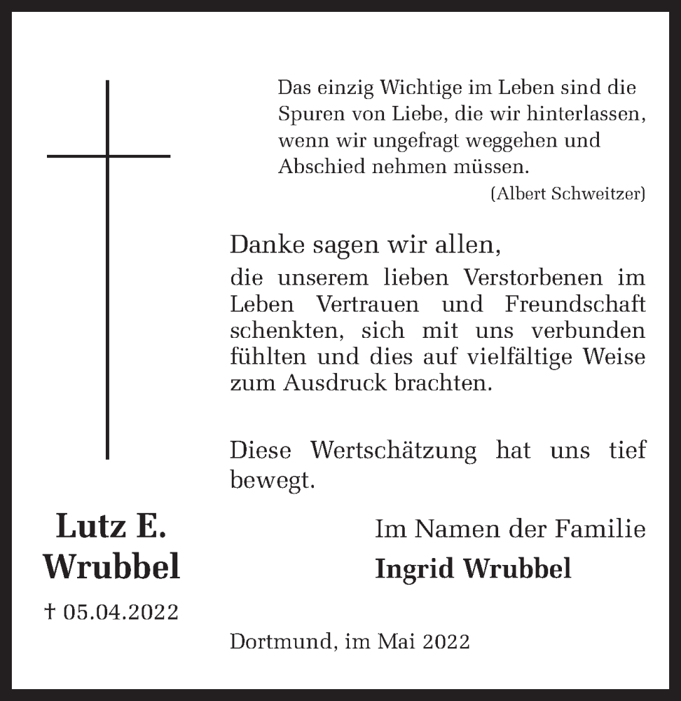  Traueranzeige für Lutz E. Wrubbel vom 14.05.2022 aus 