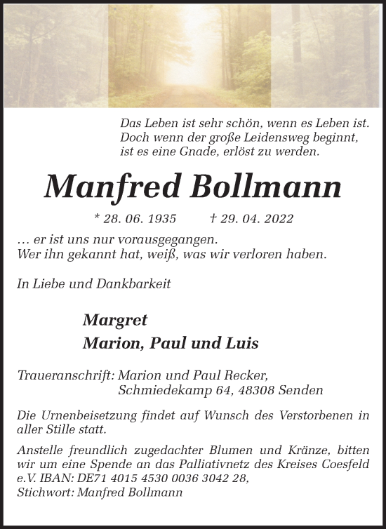 Traueranzeige von Manfred Bollmann von Ruhr Nachrichten und Halterner Zeitung