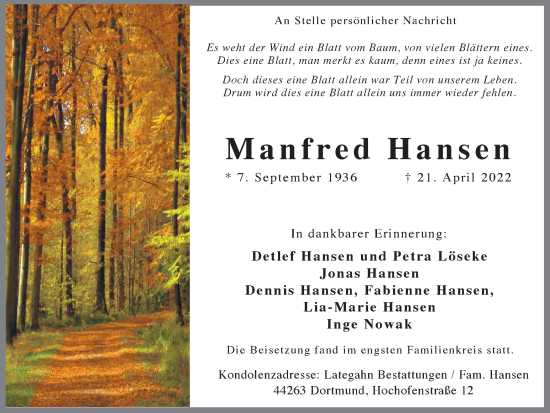 Traueranzeige von Manfred Hansen 