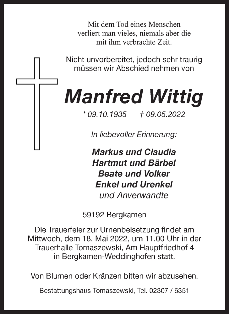  Traueranzeige für Manfred Wittig vom 12.05.2022 aus Hellweger Anzeiger