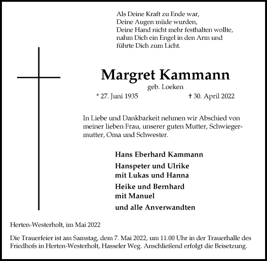 Traueranzeige von Margret Kammann von Medienhaus Bauer