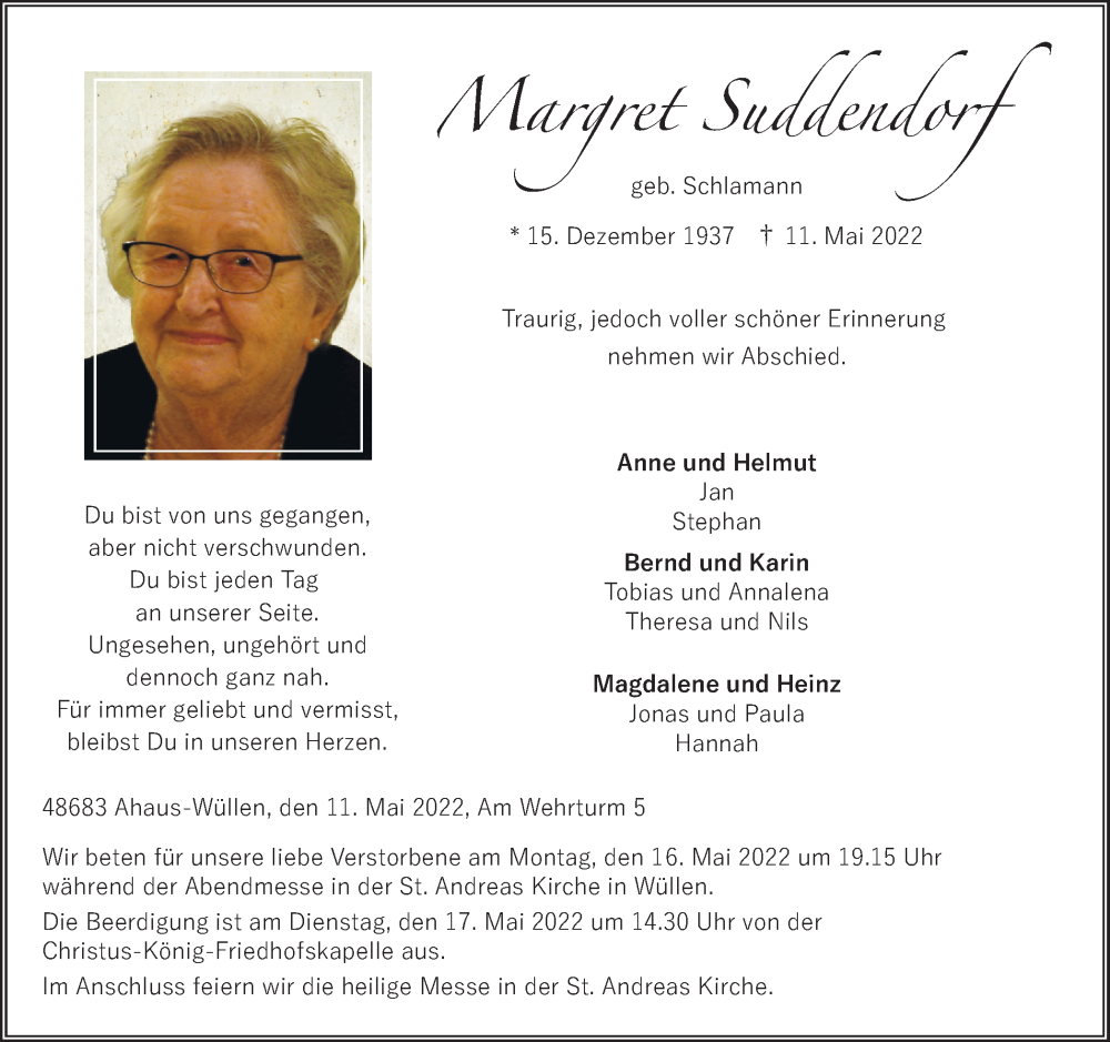  Traueranzeige für Margret Suddendorf vom 14.05.2022 aus Münstersche Zeitung und Münsterland Zeitung
