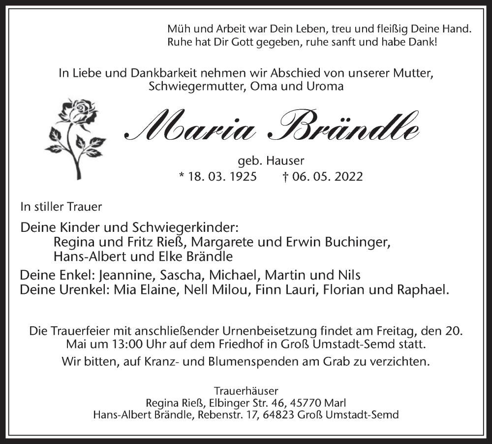  Traueranzeige für Maria Brändle vom 14.05.2022 aus Medienhaus Bauer
