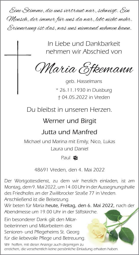 Traueranzeige von Maria Efkemann von Münstersche Zeitung und Münsterland Zeitung