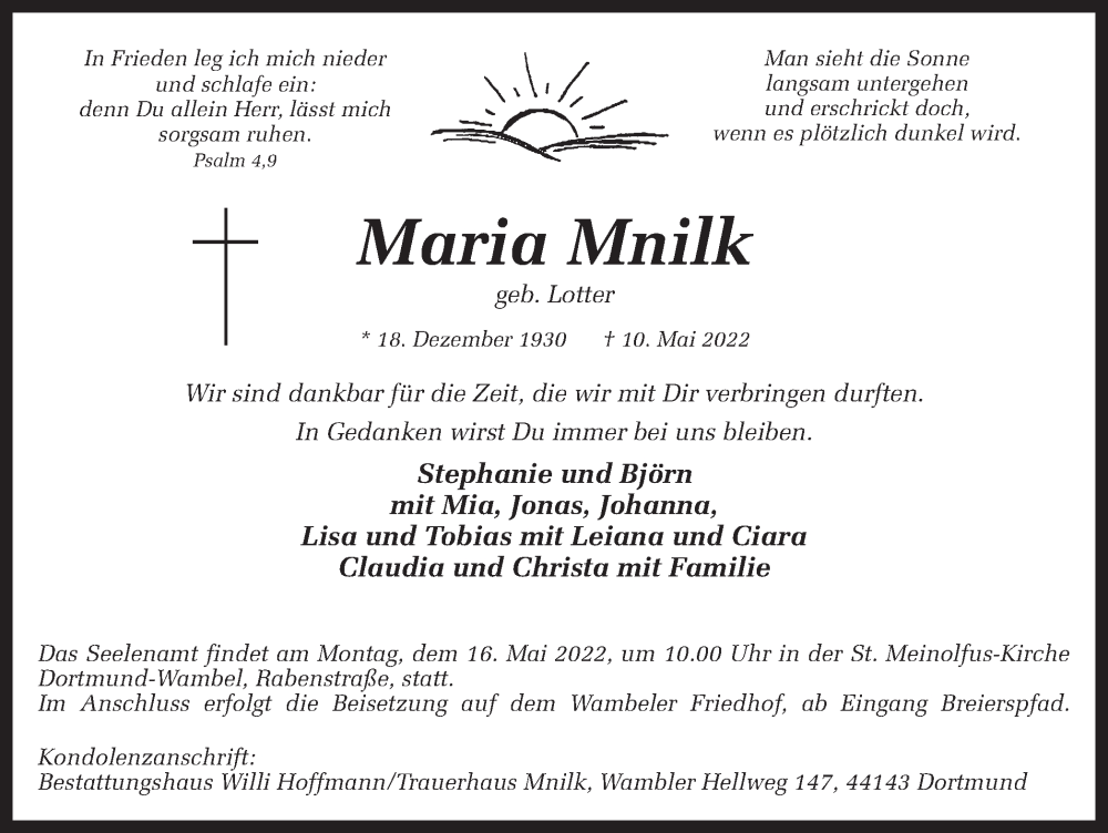  Traueranzeige für Maria Mnilk vom 13.05.2022 aus 