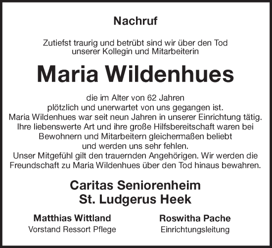 Traueranzeige von Maria Wildenhues von Münstersche Zeitung und Münsterland Zeitung