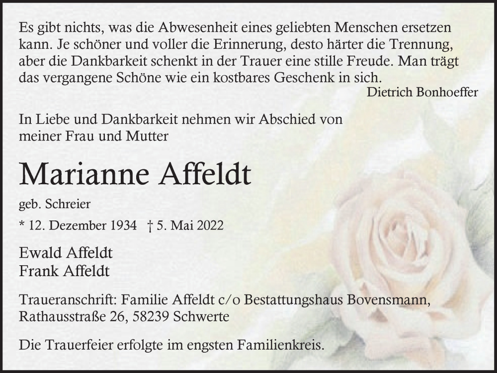  Traueranzeige für Marianne Affeldt vom 19.05.2022 aus Ruhr Nachrichten