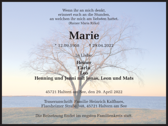Traueranzeige von Marie Welling-Nast von Ruhr Nachrichten und Halterner Zeitung