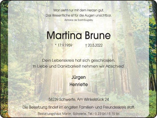Traueranzeige von Martina Brune von Ruhr Nachrichten