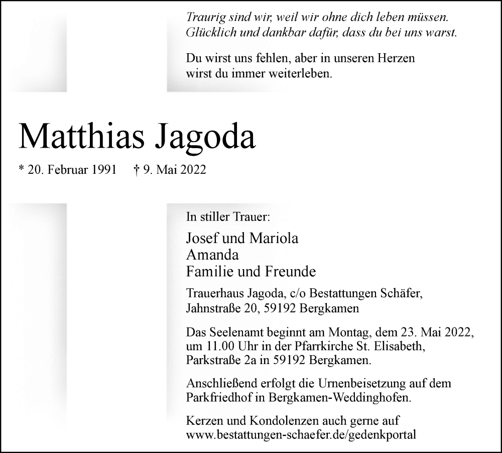  Traueranzeige für Matthias Jagoda vom 14.05.2022 aus Hellweger Anzeiger