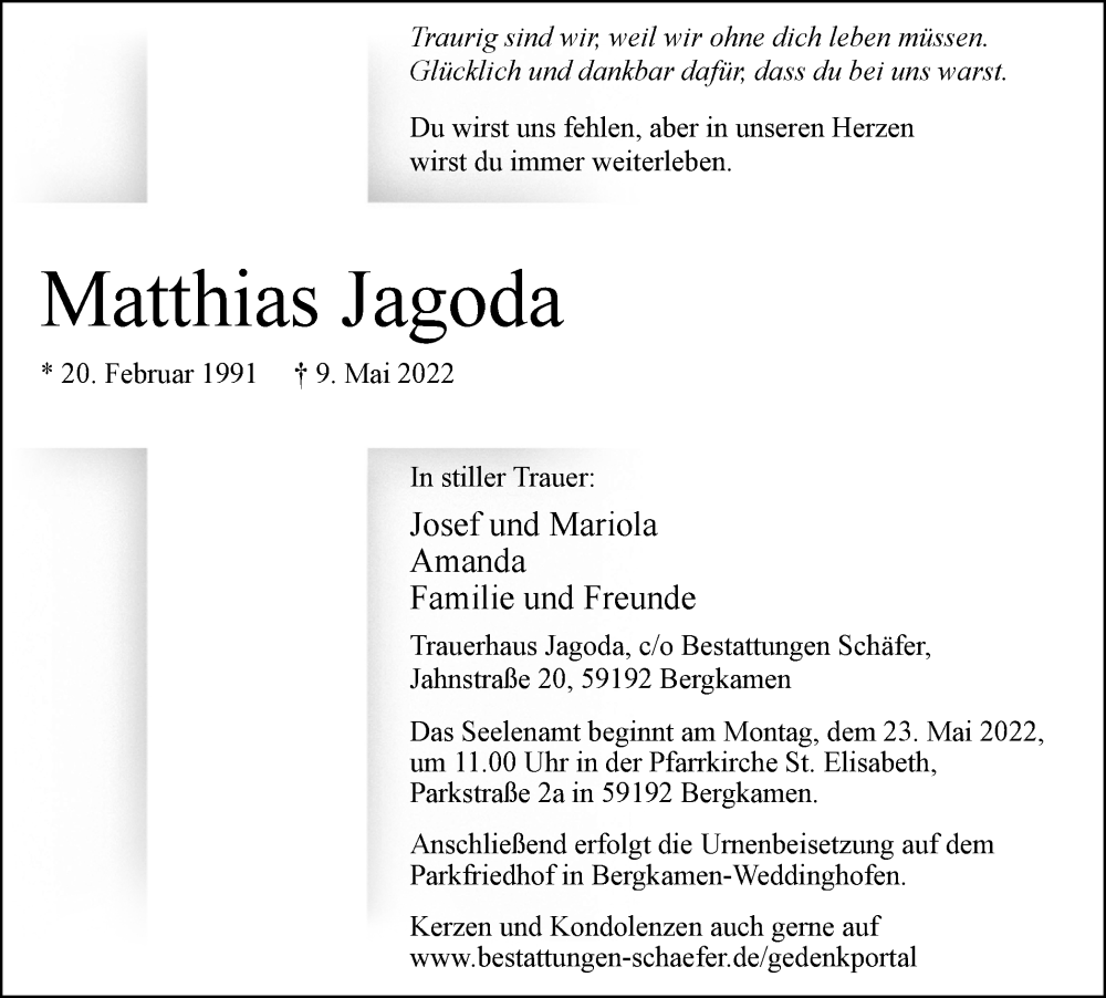  Traueranzeige für Matthias Jagoda vom 14.05.2022 aus Hellweger Anzeiger