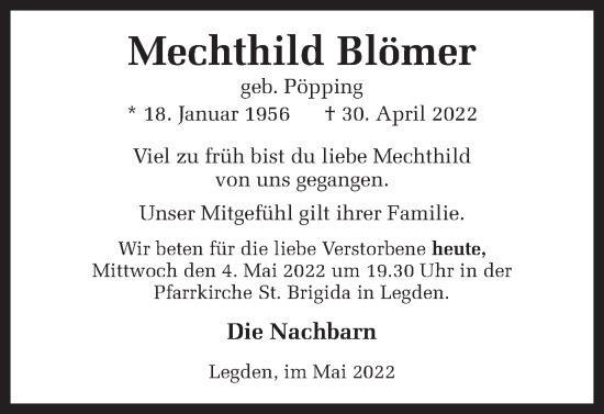 Traueranzeige von Mechthild Blömer von Münstersche Zeitung und Münsterland Zeitung