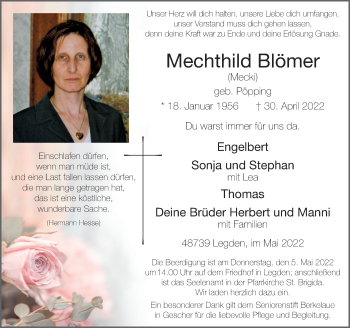 Traueranzeige von Mechthild Blömer von Münstersche Zeitung und Münsterland Zeitung