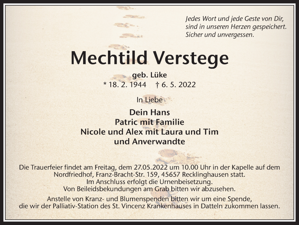  Traueranzeige für Mechtild Verstege vom 21.05.2022 aus Medienhaus Bauer