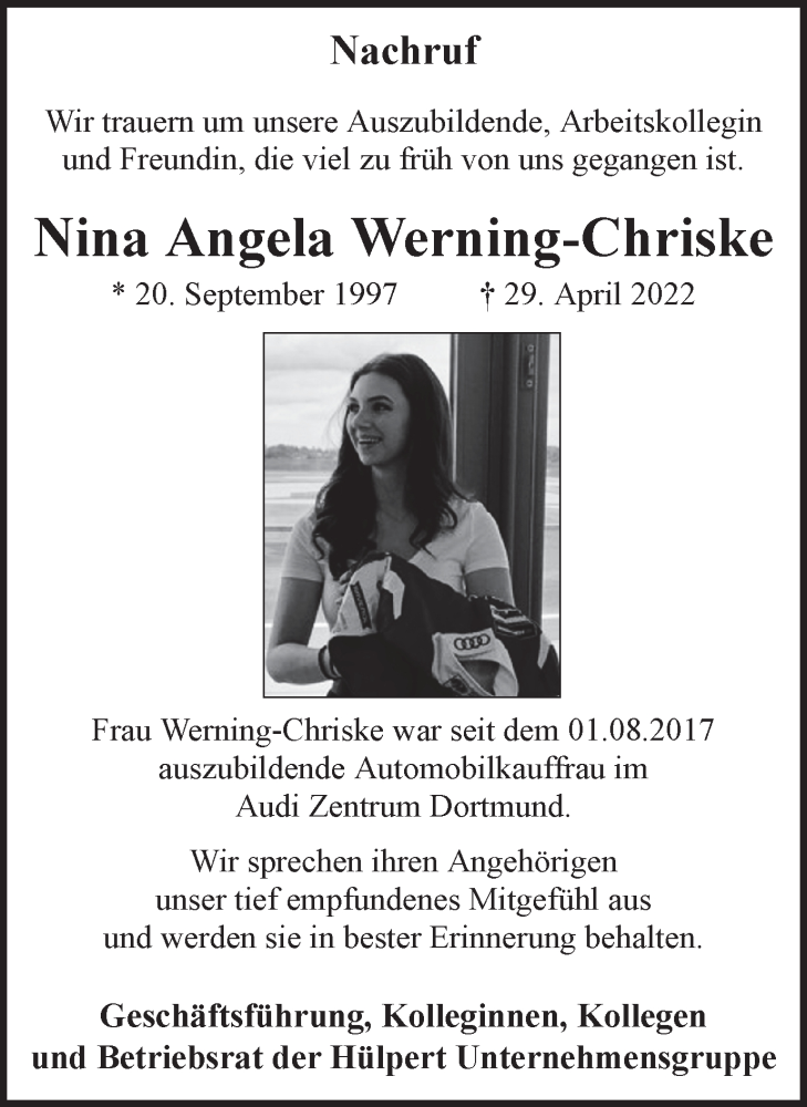  Traueranzeige für Nina Angela Werning-Chriske vom 07.05.2022 aus 