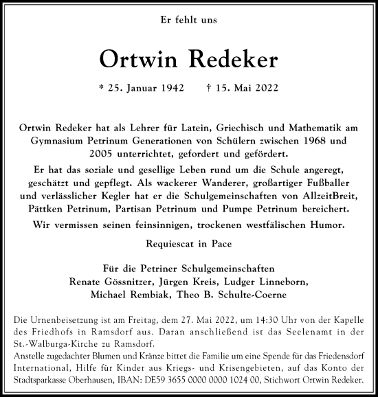 Traueranzeige von Ortwin Redeker von Medienhaus Bauer