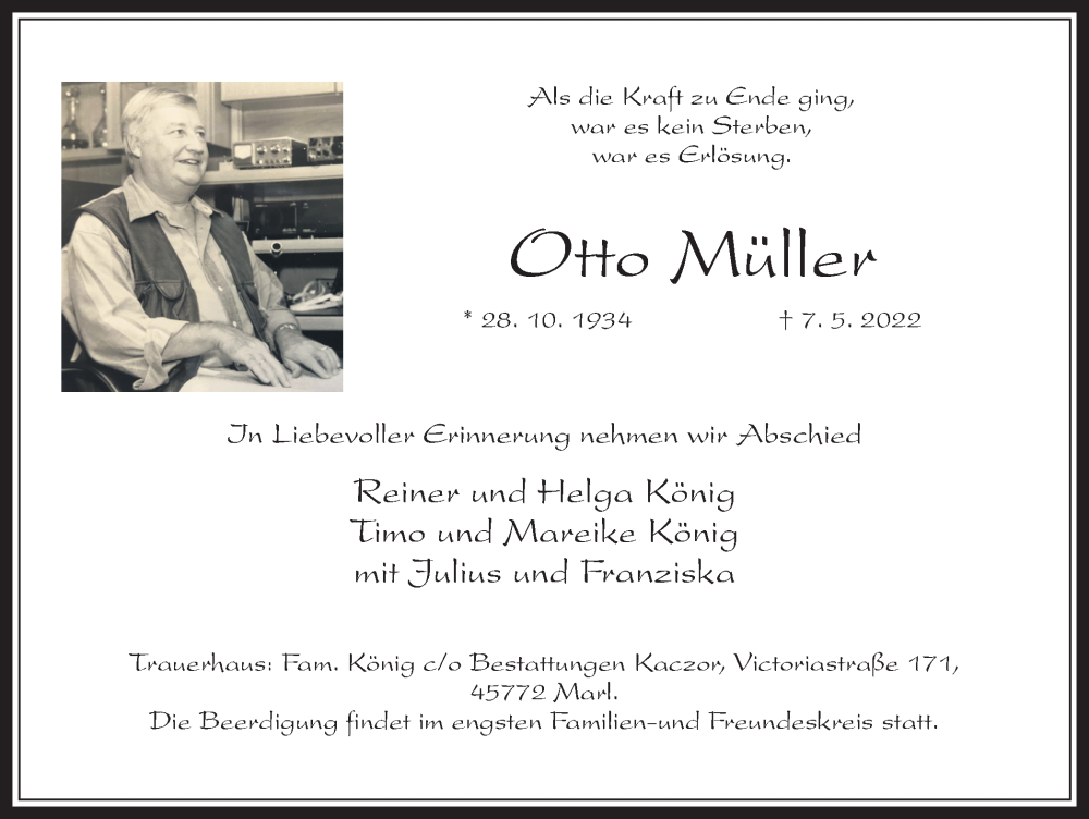 Traueranzeige für Otto Müller vom 14.05.2022 aus Medienhaus Bauer