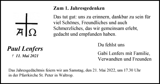 Traueranzeige von Paul Lenfers von Medienhaus Bauer