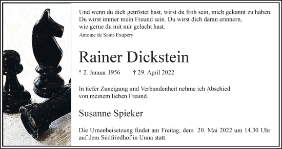 Traueranzeige von Rainer Dickstein von Hellweger Anzeiger