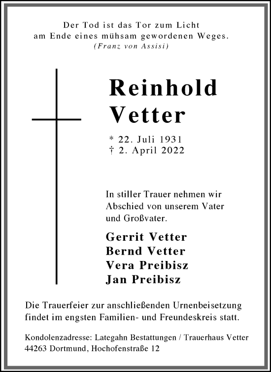 Traueranzeige von Reinhold Vetter 