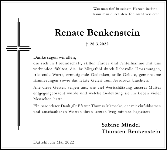 Traueranzeige von Renate Benkenstein von Medienhaus Bauer