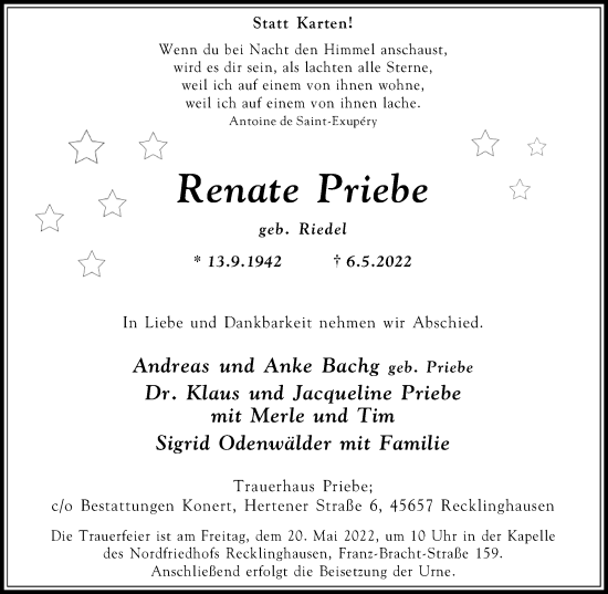 Traueranzeige von Renate Priebe von Medienhaus Bauer