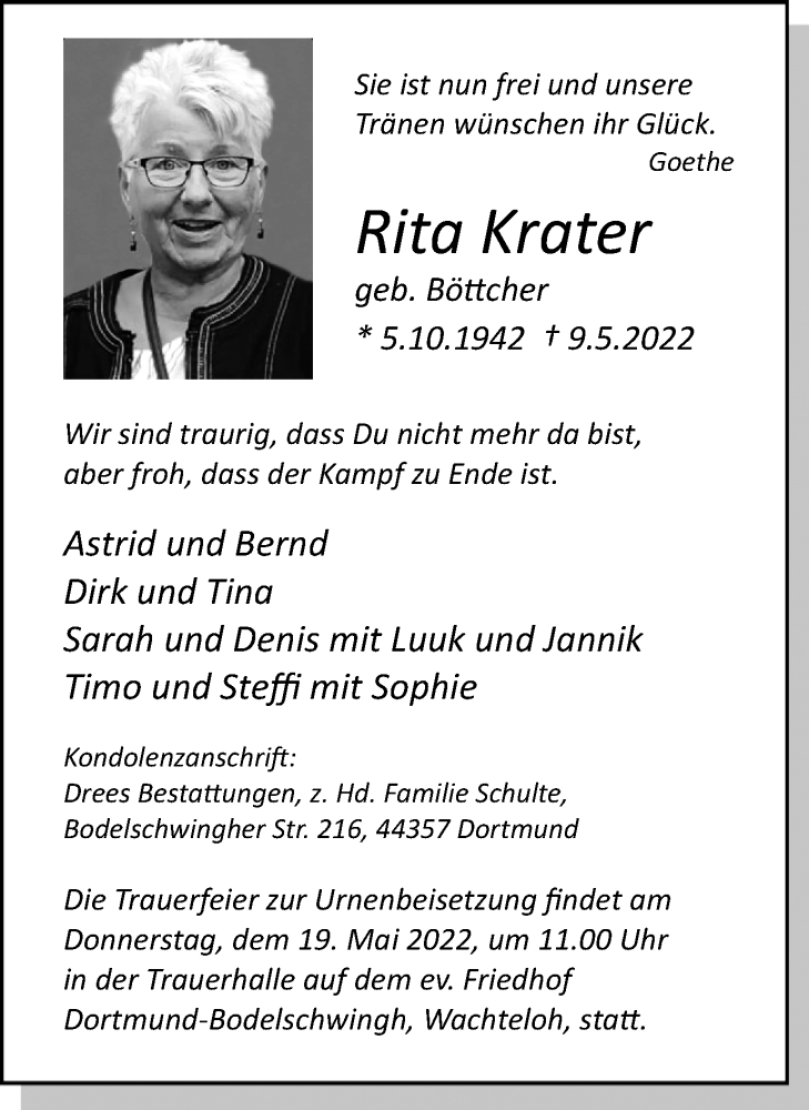  Traueranzeige für Rita Krater vom 14.05.2022 aus 