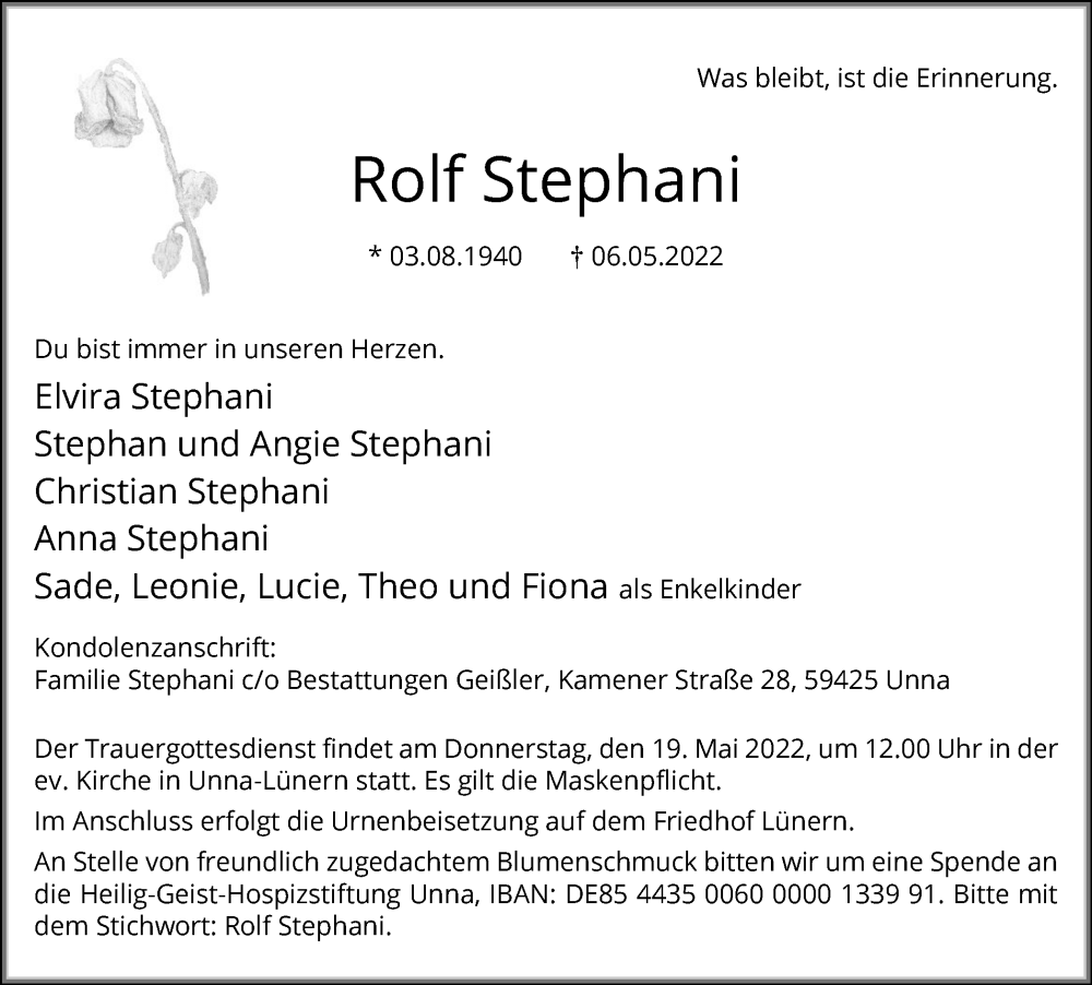  Traueranzeige für Rolf Stephani vom 12.05.2022 aus Hellweger Anzeiger