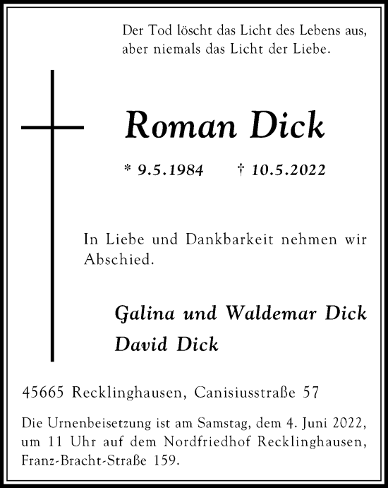 Traueranzeige von Roman Dick von Medienhaus Bauer