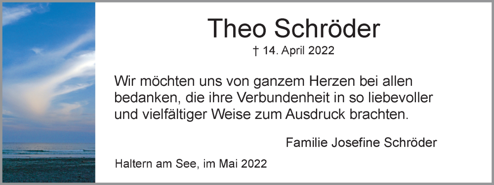  Traueranzeige für Theo Schröder vom 14.05.2022 aus Ruhr Nachrichten und Halterner Zeitung