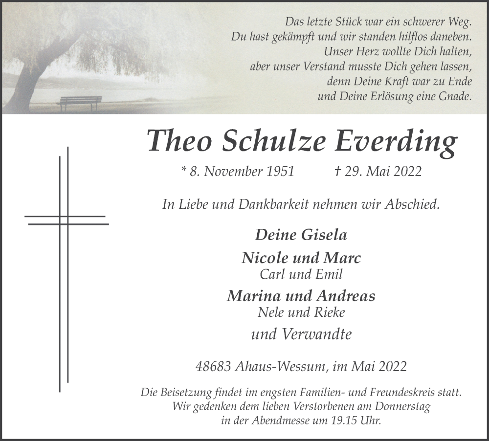  Traueranzeige für Theo Schulze Everding vom 31.05.2022 aus Münstersche Zeitung und Münsterland Zeitung
