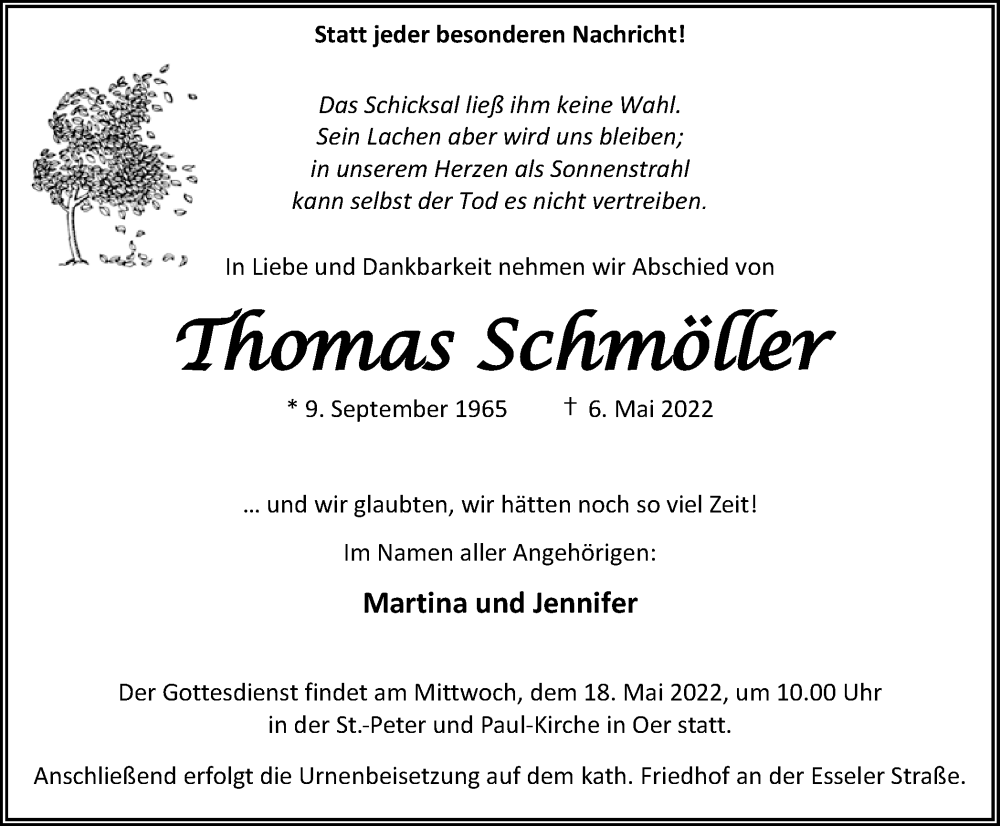  Traueranzeige für Thomas Schmöller vom 14.05.2022 aus Medienhaus Bauer