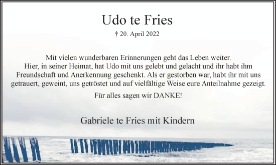 Traueranzeige von Udo te Fries
