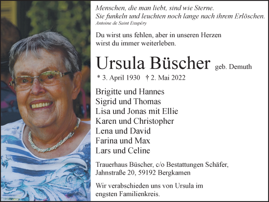 Traueranzeige von Ursula Büscher von Hellweger Anzeiger