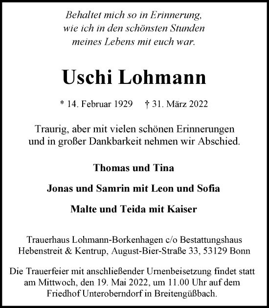 Traueranzeige von Uschi Lohmann von Ruhr Nachrichten und Dorstener Zeitung