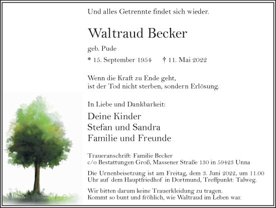 Traueranzeige von Waltraud Becker
