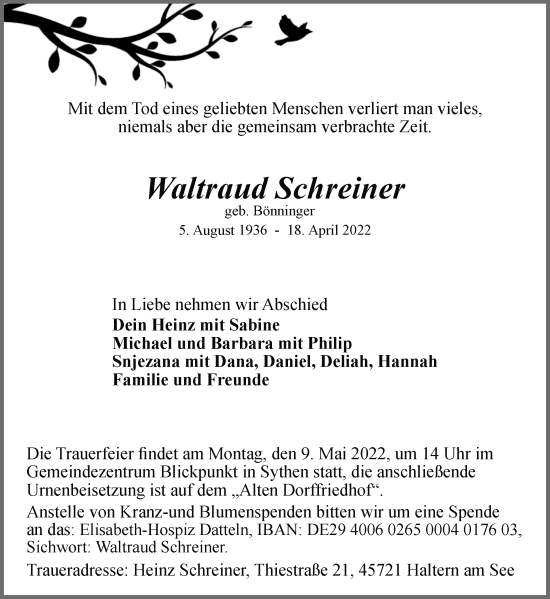 Traueranzeige von Waltraud Schreiner von Ruhr Nachrichten und Halterner Zeitung